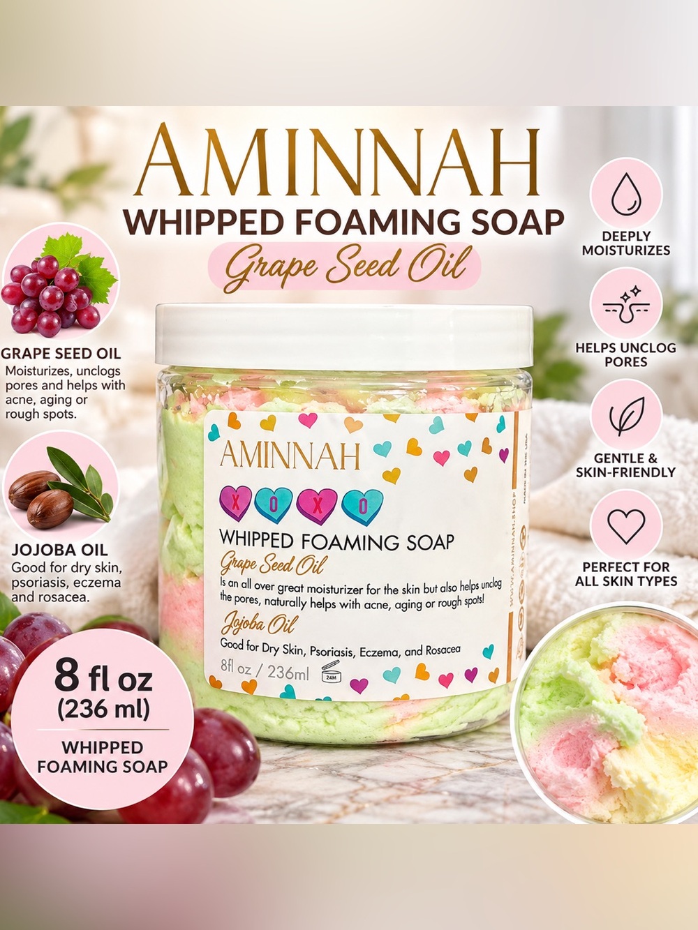 Aminnah XOXO Whipped Foaming Soap Grape Seed Oil 8 fl oz NWT